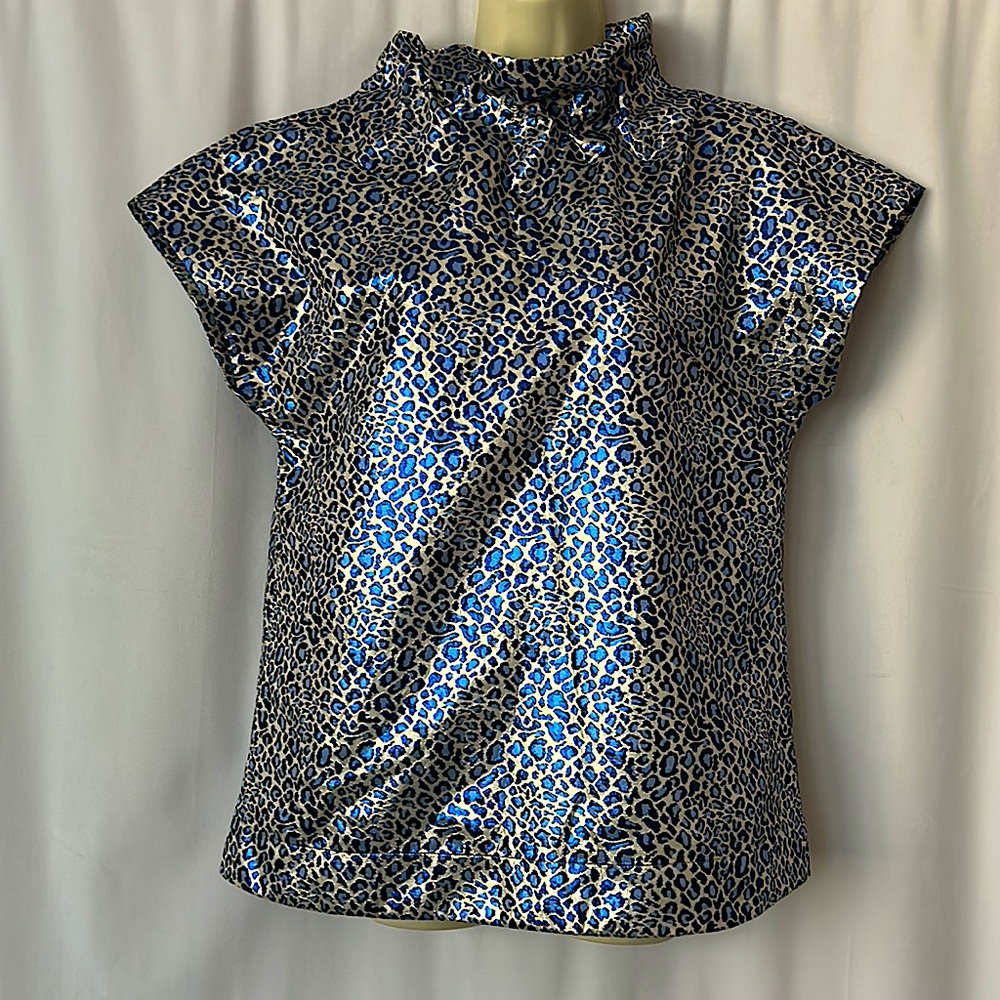 Sara Campbell NWT Blue Metallic Animal Print Jacquard Paperbag Shirt Top *Sz M* - Picture 1 of 4